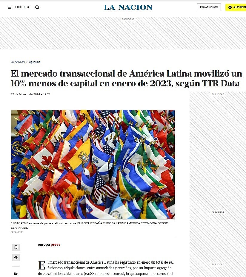 El mercado transaccional de Amrica Latina moviliz un 10% menos de capital en enero de 2023, segn TTR Data